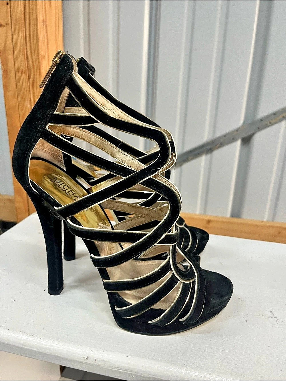 MICHAEL Kors Black & Gold Strappy Platform Heels